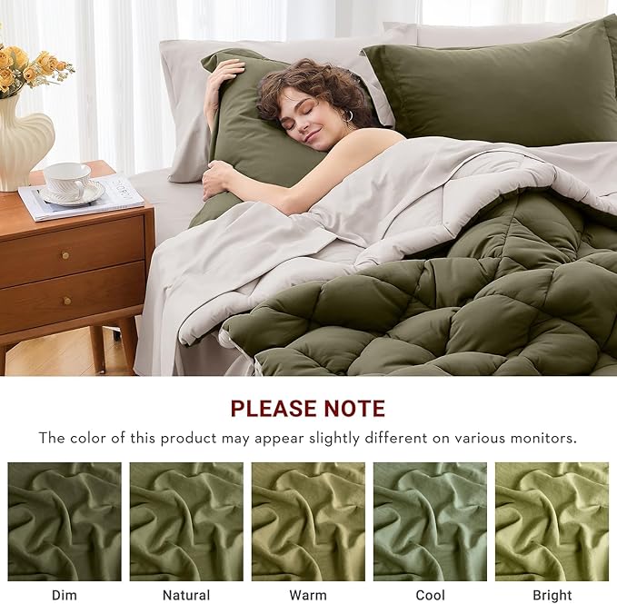 MUXHOMO 5 Pieces Twin XL Comforter Set, Reversible Bed in a Bag Twin XL Size, All Season Bedding Set with Comforter, Flat Sheet, Fitted Sheet, Pillowcases & Shams, Olive Green & Beige