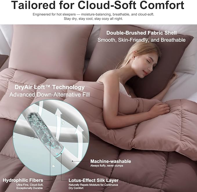 KASENTEX Queen Comforter Set – Reversible Dual Color – Goose Down Alternative – Ultra-Soft, Lightweight, Machine Washable, Maintain Fluffiness, All Season Warmth (Twilight Mauve/Pale Mauve)