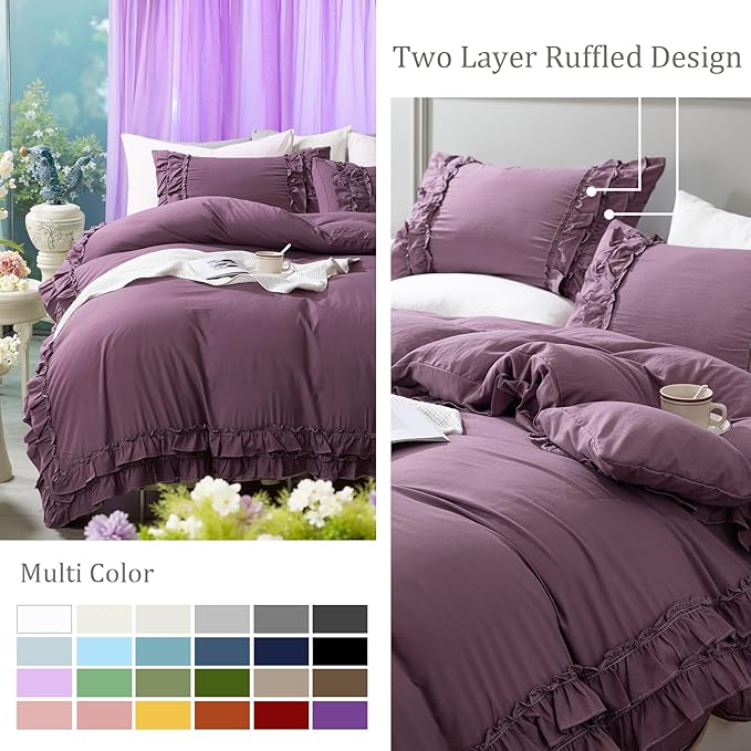 Bedorm Queen Duvet Cover Set Purple Ruffle Bedding Set Pleat Ruffled Shabby Chic Comforter Cover Extra Soft & Easy Care Farmhouse Boho Duvet Cover with Zipper Closure