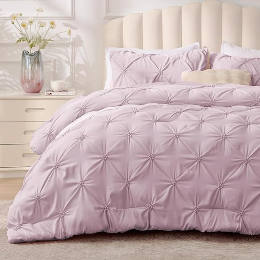 BEDELITE Light Purple Comforter Set Full - 3 Peices Boho Pintuck Bedding Comforter Sets, Lightweight Soft & Warm Twin Bedding Sets with 2 Pillowcase for All Season