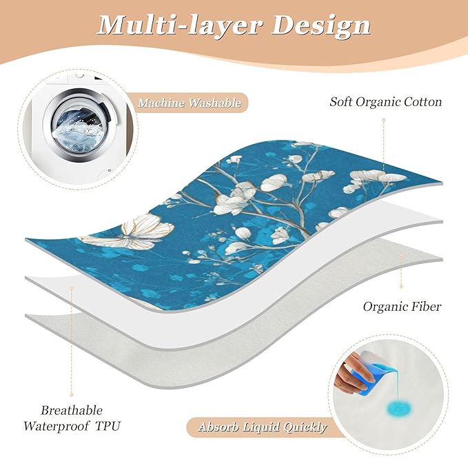 Waterproof Bed Pad Reusable Changing Pad Toddler Mattress Protector Large Pee Pad Baby Diaper Pad Soft Washable Liner Deep Blue Floral Butterfly