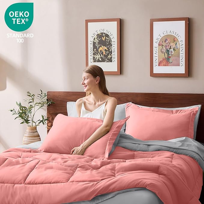 FUANNA Queen Comforter Set 7 Pieces, Reversible Bed in a Bag with All Season Soft Comforter, Bedding Sets Includes Comforter, Flat Sheet, Fitted Sheet, Pillowcases & Shams, Pink & Light Grey