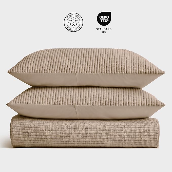 EVERGRACEHOME Cotton Coverlet Set Full Queen Size 3 Pieces, Lightweight Soft Ribbed Matelassé Bedspread Quilt Set, Cozy Oversized Quilted Bedding Set with 2 Pillow Shams for All Seasons, Urban Taupe