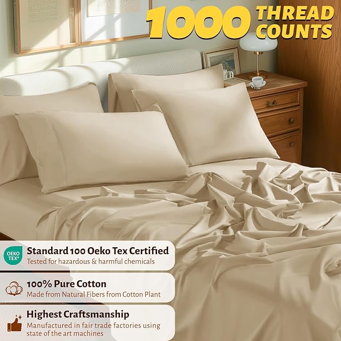 Shilucheng 100% Egyptian Cotton Queen Size Sheets Set - 1000 Thread Count，Luxury Cotton Bed Sheets，Breathable & Cooling Bedding and Pillow Cases, 16 Inch Deep Pocket - 6 Piece (Beige, Queen)
