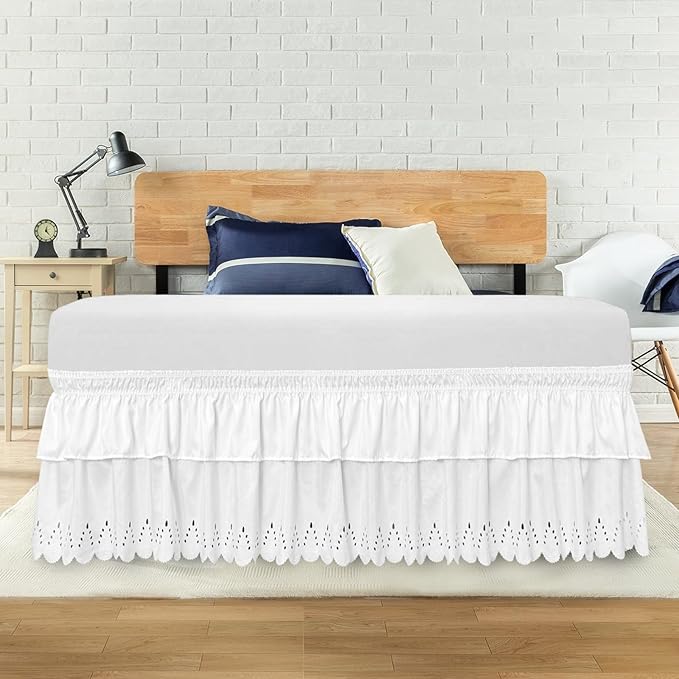 Queen Bed Skirt, Double-Layered Ruffled Eyelet Bed Skirt, Wrap-Around Elastic Dust Ruffle Queen Size with Gathered Styling and Embroidered Details, 14" Drop Length (White)
