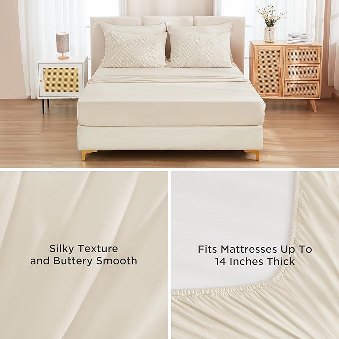 Andency Beige Super King Plus Size Comforter Set with Sheets - 7 Pieces Bed in a Bag Boho Tufted Bedding Sets Fluffy Lightweight Oversized King Bed Set with Comforter, Sheets, Pillowcases & Shams