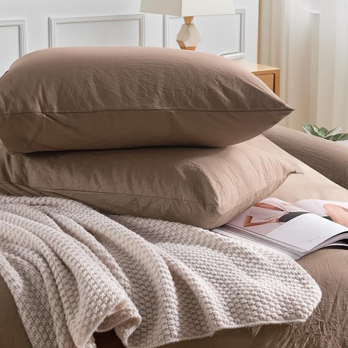 NEXHOME PRO 100% Washed Cotton Duvet Cover Queen Size, Ogranic Natural Linen Feel Breathable Bedding Set with Zipper Closure, 3 Pieces Duvet Cover Set Toffee (No Comfortert) 9090