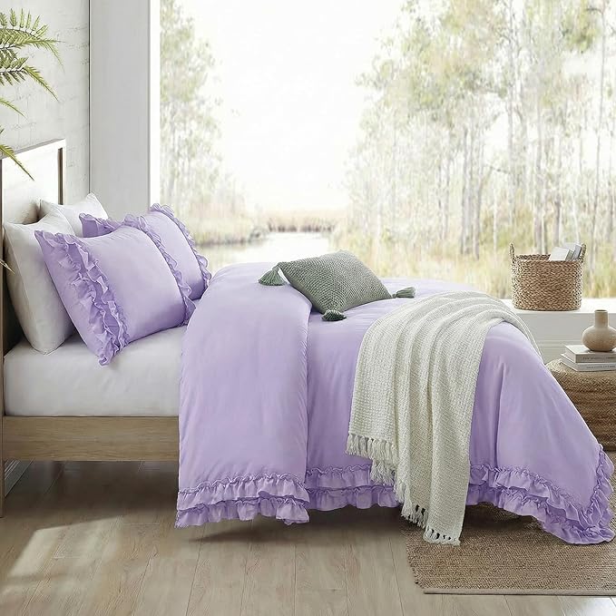 Bedrom Ruffled Duvet Cover King Light Purple Bedding Set Shabby Chic Lace Ruffle Bedroom Set Lilac Purple Aesthetic Boho Duvet Cover Set for Girls Women