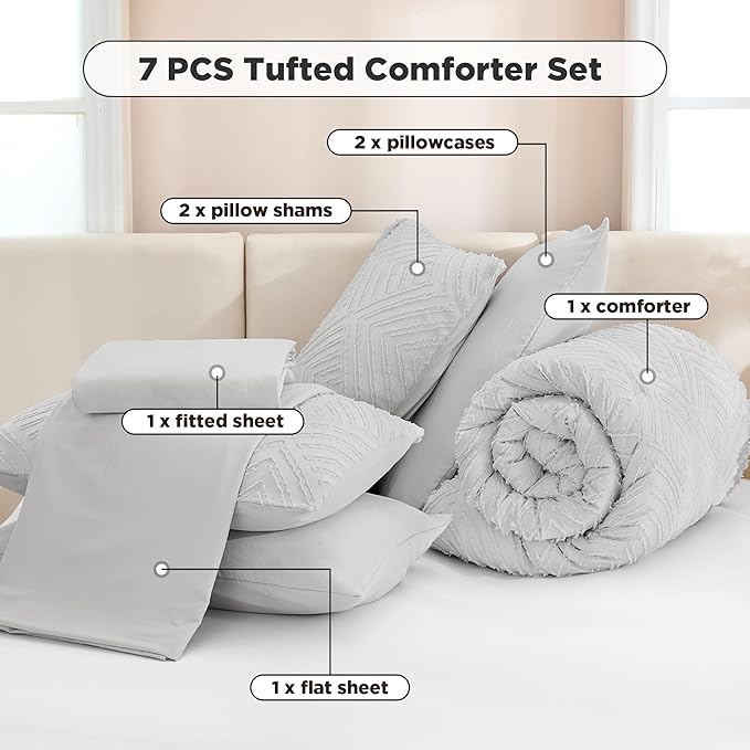 Andency Oversized Queen Size Comforter Set with Sheets Light Grey - 7 Pieces Bed in a Bag Oversized Queen Boho Tufted Lightweight Bedding Sets with Comforter, Sheets, Pillowcases & Shams