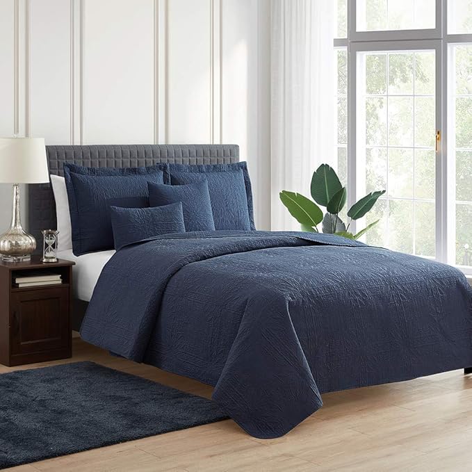 Hearth & Harbor Quilts Twin Size - All Season Bedspread Coverlet Set, Pinsonic Weave Lightweight Bedding Set - 5 Piece Twin Quilt Set with Pillow Shams, Grid - Navy
