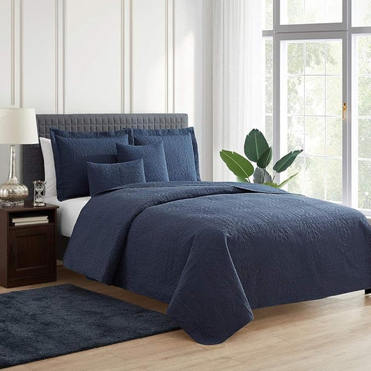 Hearth & Harbor Quilts Twin Size - All Season Bedspread Coverlet Set, Pinsonic Weave Lightweight Bedding Set - 5 Piece Twin Quilt Set with Pillow Shams, Grid - Navy