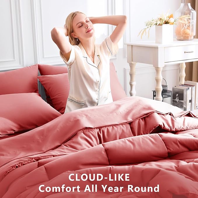 CozyLux Queen Comforter Set Coral, 7 Pieces Bed in a Bag, Coral Comforter Queen Size, All Season Bedding Sets with Stitch Quilted Comforter, Flat Sheet, Fitted Sheet, Pillowcases