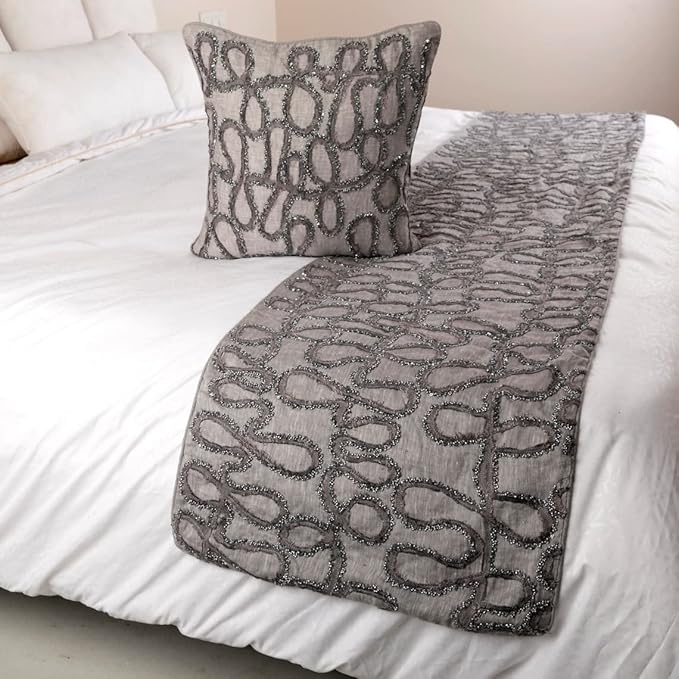 The HomeCentric King Queen Twin Bed Runner, Grey Designer Bed Scarf in Linen with Embroidery, CA King Size 86"x18" Bed Runner with Pillow Cover, Bed Linen Foot Warmer Home Living - Grace Forever