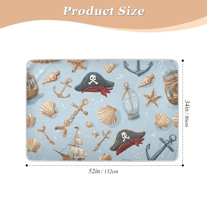 Waterproof Bed Pad Reusable Changing Pad Toddler Mattress Protector Large Pee Pad Baby Diaper Pad Soft Washable Liner Blue Pirate Hats Anchors Seashells