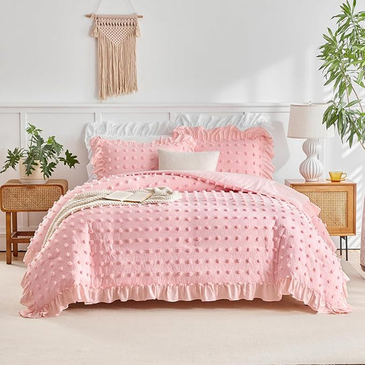 Flysheep Tufted Dots Ruffle Comforter Set King Size, 3 Pieces Pink Vintage Farmhouse Shabby Chic Comforters, Jacquard Boho Bohemian Bedding Set for All Season (1 Ruffled Comforter+ 2 Pillow Shams)