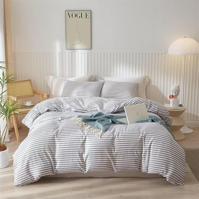 Striped Comforter Set Twin XL Size Grey White Stripes Pattern Comforter Fluffy Bed Set for Men Boys 3 Pieces Lightweight Bedding Comforter Set for All Seasons Soft Fluffy Comforter with 2 Pillowcases