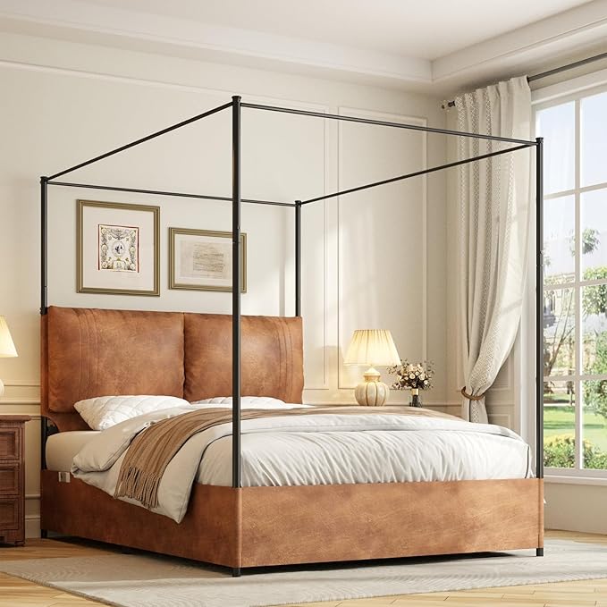 Modern Canopy Bed Frame with Upholstered Faux Leather Headboard – Tall Four Poster Metal Platform Bed, No Box Spring Needed, Queen Size, Brown and Black