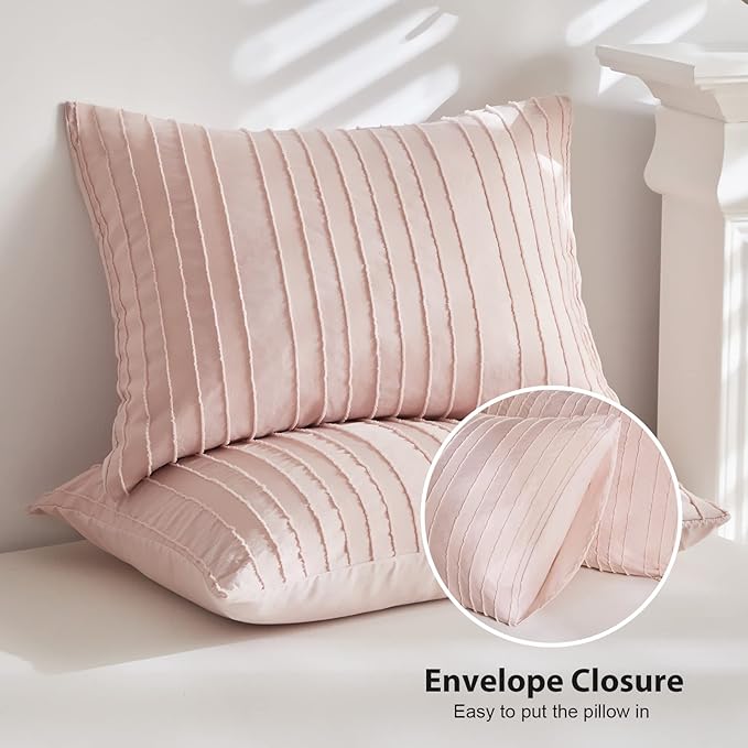 WARMDERN Pink Tufted Duvet Cover Set Queen Size, Striped Textured Duvet Cover Boho Bedding Set, 3 Pcs Ultra Soft Washed Microfiber Duvet Cover with Zipper Closure (Queen, Pink)