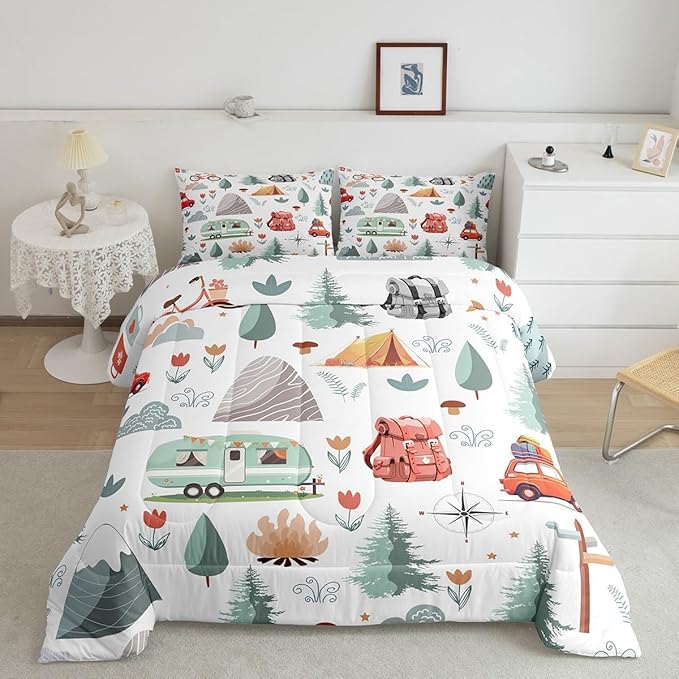 Kids Camping Comforter Set King, Car Bedding Set for Boys Girls, Travel Car Camper Accessories Bed Set, Botanical Floral Mountain Adventure Quilt, Cute Camper Duvet Insert Rv Decoration 3Pcs