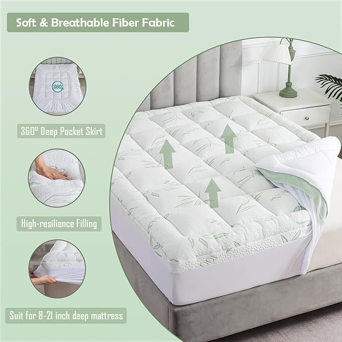 WhatsBedding King Mattress Topper, Soft Pillow Top Mattress Topper with Deep Pocket Fits 8–21 Inch,7D Spiral Fiber Filling, Bamboo Viscose Air Layer Mattress Topper King.
