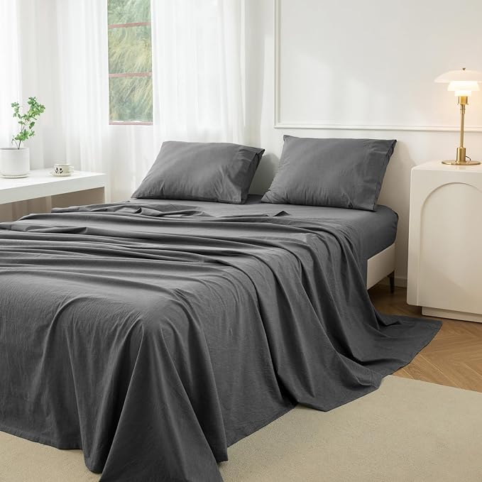 JIYUAN 100% Washed Cotton Sheet Set 4 Pieces Queen,1 Fitted Sheet,1 Flat Sheet and 2 Pillowcases,Comfy and Breathable Linen Like Bedding Set,Heathered Dark Grey