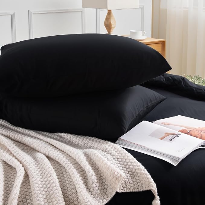 NEXHOME PRO Twin Duvet Cover Set – 100% Certified Organic Cotton with Washed Feel & Linen-Like Texture, Comfortable & Breathable, Home Bedding Set Black (No Comforter)