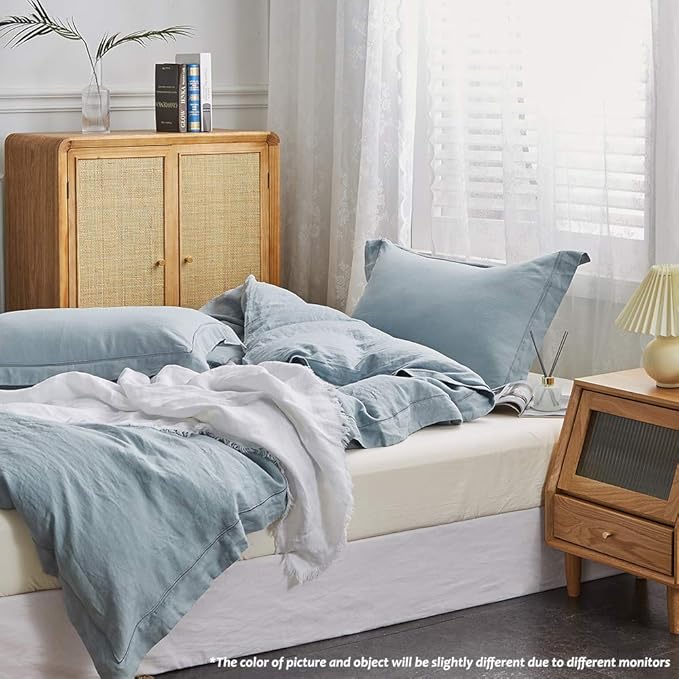 Simple&Opulence 100% Washed Linen Duvet Cover with Embroidered, 2 Pieces Soft Farmhouse Comforter Set with Button Closure,1 Duvet Cover and 1 Pillowsham(Twin,Dusty Blue)