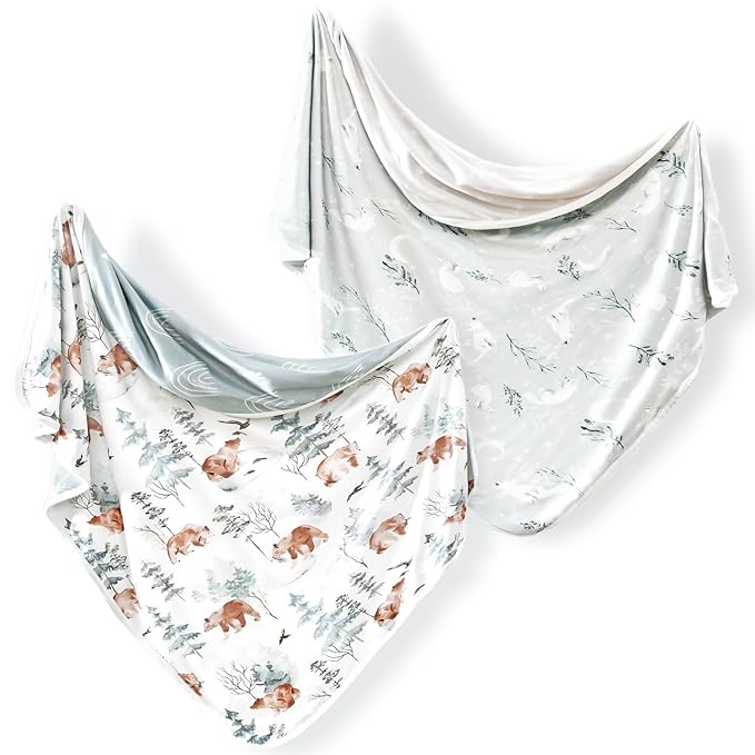 GRSSDER 2 Pack Super Soft Jersey Knit Swaddle Blankets for Baby Girls and Boys, Double Layer Reversible Receiving Blankets 34 x 44 Extra Large for Swaddling, Bear & Snow Wolf