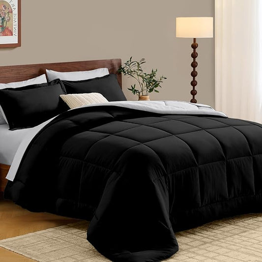 FUANNA King Size Comforter Set 7 Pieces, Reversible Bedding Sets with All Season Soft Comforter, Bed in a Bag Includes Comforter, Flat Sheet, Fitted Sheet, Pillowcases & Shams, Black & Light Grey