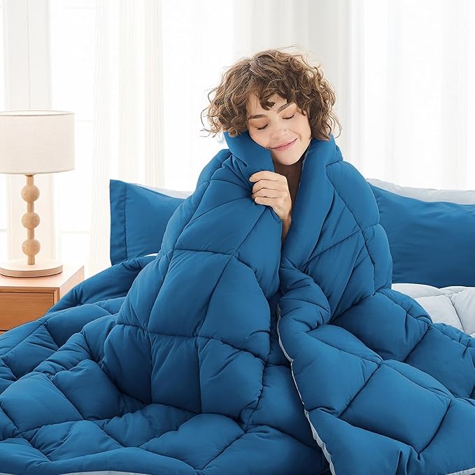 MUXHOMO 5 Pieces Twin Comforter Set, Reversible Bed in a Bag Twin Size, All Season Bedding Set with Comforter, Flat Sheet, Fitted Sheet, Pillowcases & Shams, Teal & Lake Blue