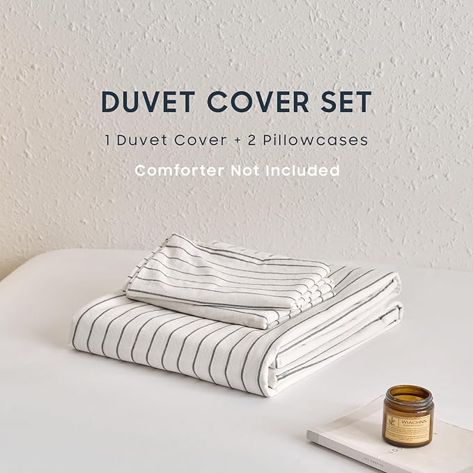 Wake In Cloud - Striped Cotton Duvet Cover Set, Ticking Stripe Vertical Pinstripe Farmhouse, 100% Washed Cotton Textured Percale Bedding Set, 3 Pieces, White, Twin Size