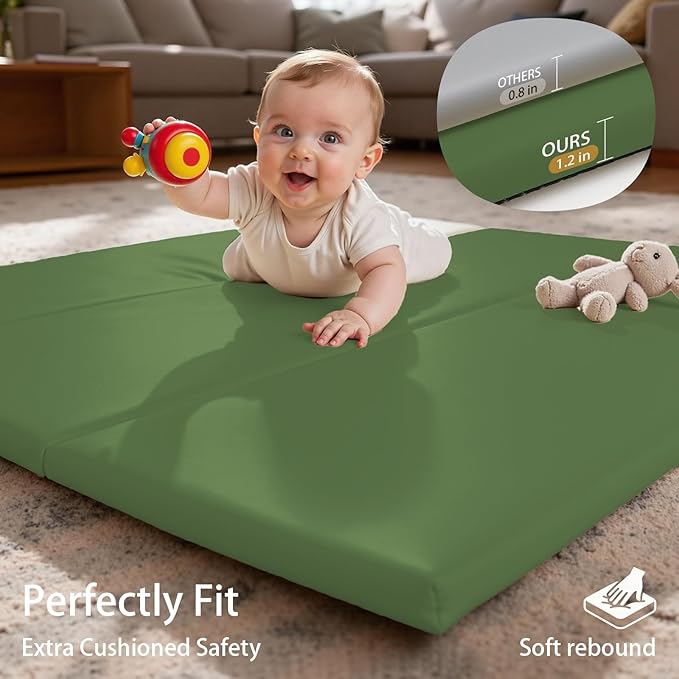Foam Baby Play Mat: PU Leather Waterproof Kids Playmat - Trifold Floor Mat - Large Play Mat for Playpen Thick Pad Fodable Mattress Soft Toddler Mattress Infant Cushion for Preschool (Green)