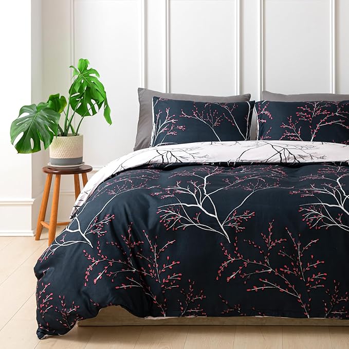 Lekesky Reversible Duvet Cover King Size, Starry Sky Blue Branch Comforter Cover King 3pcs Microfiber Botanical Bedding Set with Zipper Closure Corner Ties