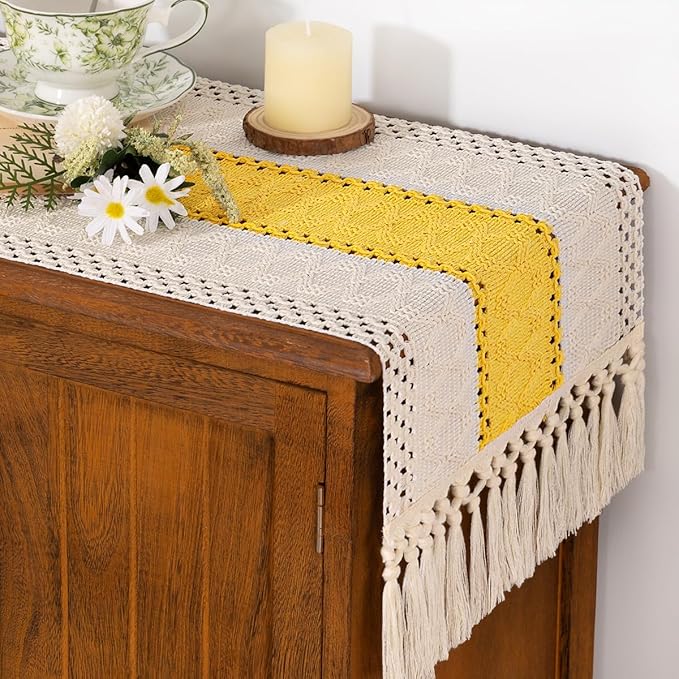 Socomi Boho Table Runner Macrame Easter Spring Farmhouse Woven Cotton Linen Rustic Coffee Table Runner with Tassels for Dresser Scarf Home Decor Dining Room 12x90 inYellow Gold Ivory