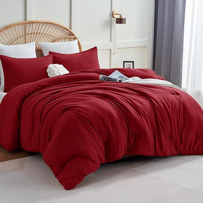 CozyLux Queen Comforter Set Dark Red, 3 Pieces Solid Queen Comforter Breathable Quilted Style Bedding Sets, Luxury Soft Bed Set with Down Alternative Comforter All Season (1 Comforter & 2 Pillowcases)