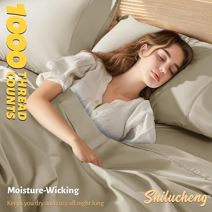 Shilucheng 100% Egyptian Cotton King Size Sheets Set - 1000 Thread Count，Luxury Cotton Bed Sheets，Breathable & Cooling Bedding and Pillow Cases, 16 Inch Deep Pocket - 4 Piece (Linen, King)