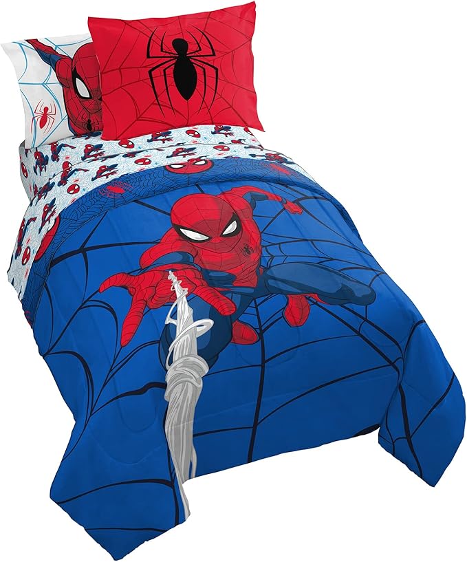 Jay Franco Marvel Spiderman Webtastic 5 Piece Twin Size Bed Set - Includes Reversible Comforter & Sheet Set - Super Soft Kids Bedding Fade Resistant Microfiber (Official Marvel Product)