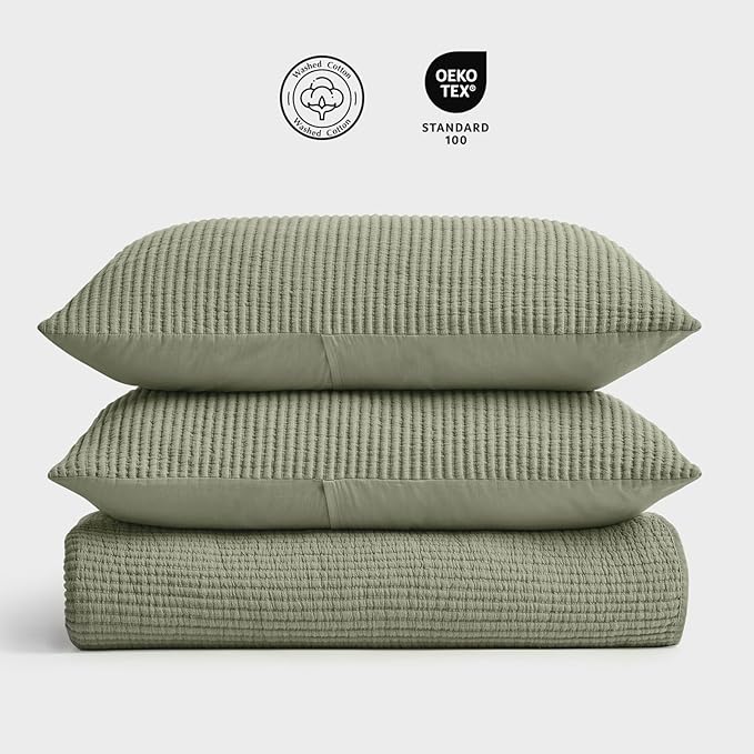 EVERGRACEHOME Cotton Coverlet Set King Size 3 Pieces, Lightweight Soft Ribbed Matelassé Bedspread Quilt Set, Cozy Oversized Quilted Bedding Set with 2 Pillow Shams for All Seasons, Light Sage Green