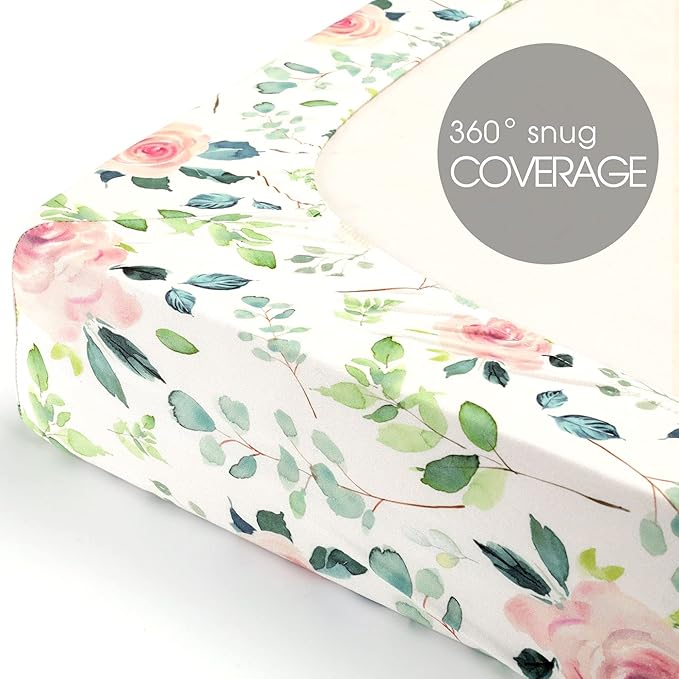 GRSSDER Stretchy Ultra Soft Jersey Knit Fitted Crib Sheets Set 2 Pack, Cozy Crib Sheet Girl Fits All Standard Crib Mattress Pads, Beautiful Pink Rose Print