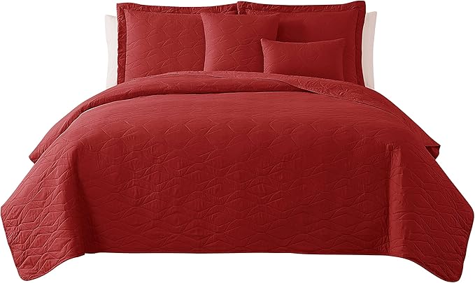Hearth & Harbor Quilts Queen Size - All Season Bedspread Coverlet Set, Pinsonic Weave Lightweight Bedding Set - 5 Piece Queen Quilt Set with Pillow Shams, Ellipse - Burgundy