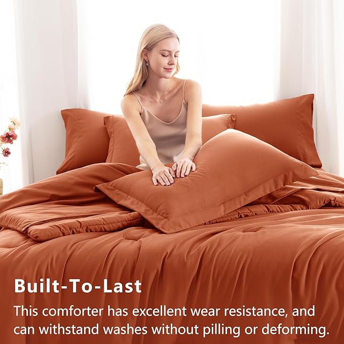 CozyLux King Comforter Set Burnt Orange, 7 Pieces Bed in a Bag Terracotta Comforter Set with Sheets, All Season Boho 7PC Bed Sets with Comforter, Fitted Sheet, Flat Sheet, Pillow Shams and Pillowcases