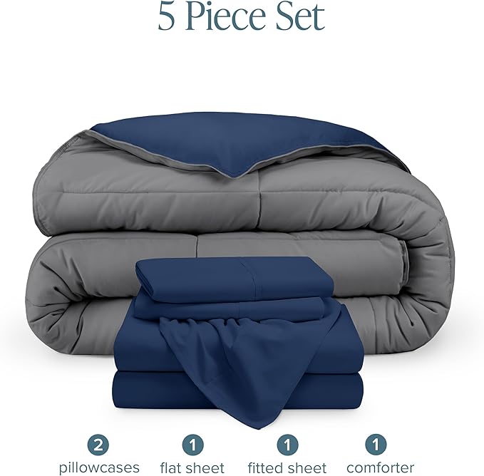 Bare Home Reversible Bed-in-A-Bag Comforter & Sheet Set - Full - Down Alternative - Soft - Bedding Set (Full, Dark Blue/Grey, Dark Blue)