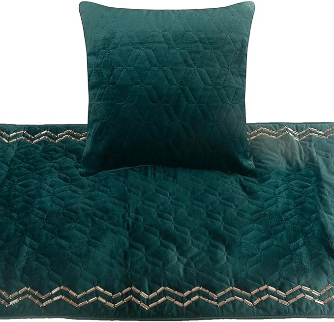 The HomeCentric King Queen Twin Teal Blue Designer Queen 74"x18" Bed Runner with 2 Pillow Cover, Quilted & Crystals Bed Scarf on Velvet Fabric - Teal Diamond Symphony