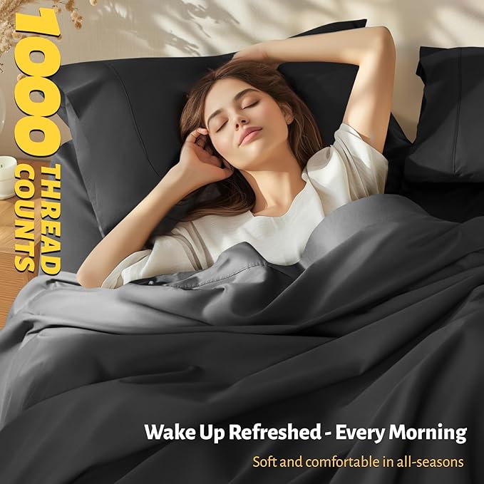 Shilucheng 100% Egyptian Cotton King Size Sheets Set - 1000 Thread Count，Luxury Cotton Bed Sheets，Breathable & Cooling Bedding and Pillow Cases, 16 Inch Deep Pocket - 4 Piece (Black, King)