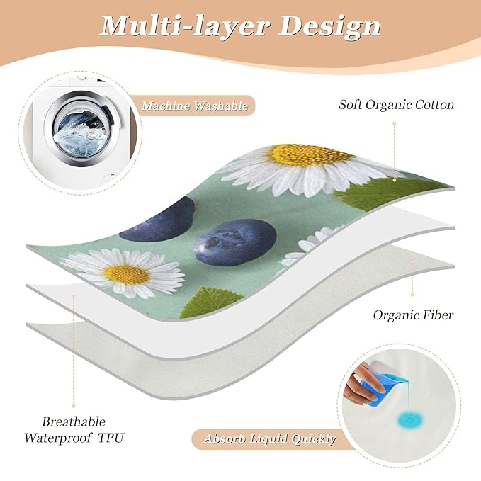 Waterproof Bed Pad Reusable Changing Pad Toddler Mattress Protector Large Pee Pad Baby Diaper Pad Soft Washable Liner Blue Blueberries and Daisies