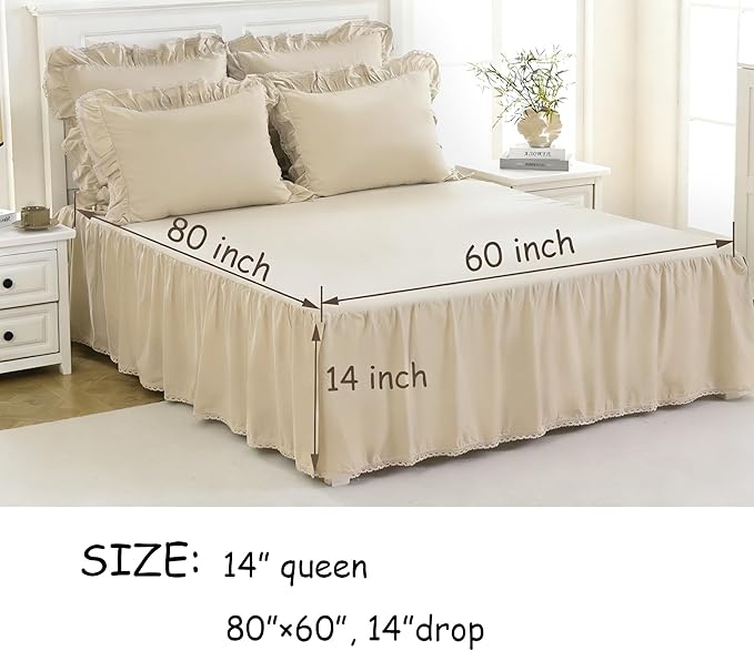 Queen Size 14 inch Drop Ivory Dust Ruffle, 100% Lightweight Cotton Ruffled Bed Skirt, French Coutry Style, Lace Ruffled Bed Skirt with Split Corners