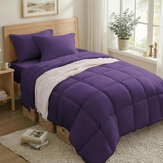 Anluoer Twin Comforter Set 5 Piece, Dark Purple Bed in a Bag with Sheets, Comforters Twin Size Bedding Sets with 1 Comforter, 1 Pillow Shams, 1 Pillowcases, 1 Flat Sheet,1 Fitted Sheet