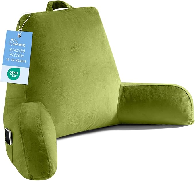 Reading Pillow for Sitting in Bed Adult, X-Large Reading Pillow with Shredded Memory Foam, Back Pillow for Sitting Up with Extend Arms, Pockets, Bed Pillow with Washable Cover, FluorescentGreen