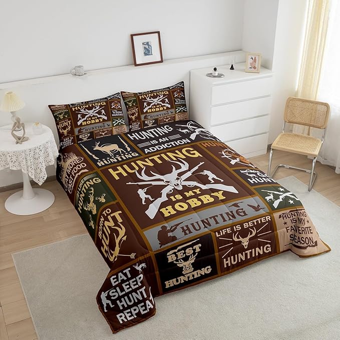 Feelyou Deer Hunting Comforter Queen Size for Kids Hunting Gifts Comforter Set Boys Girls Deer Antlers Comforter Farmhouse Duvet Insert 3Pcs