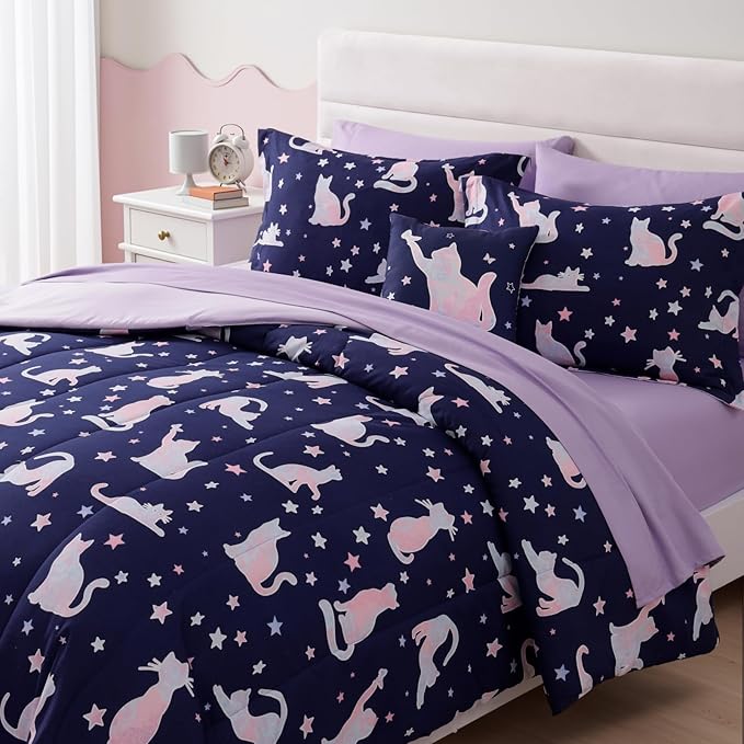 Twin Comforter Set for Girls, Kids - 5 Pieces Cute Cat Patterns Twin Bedding Sets for Girls Boys Teen, Soft Cozy Bed in A Bag with Sheets